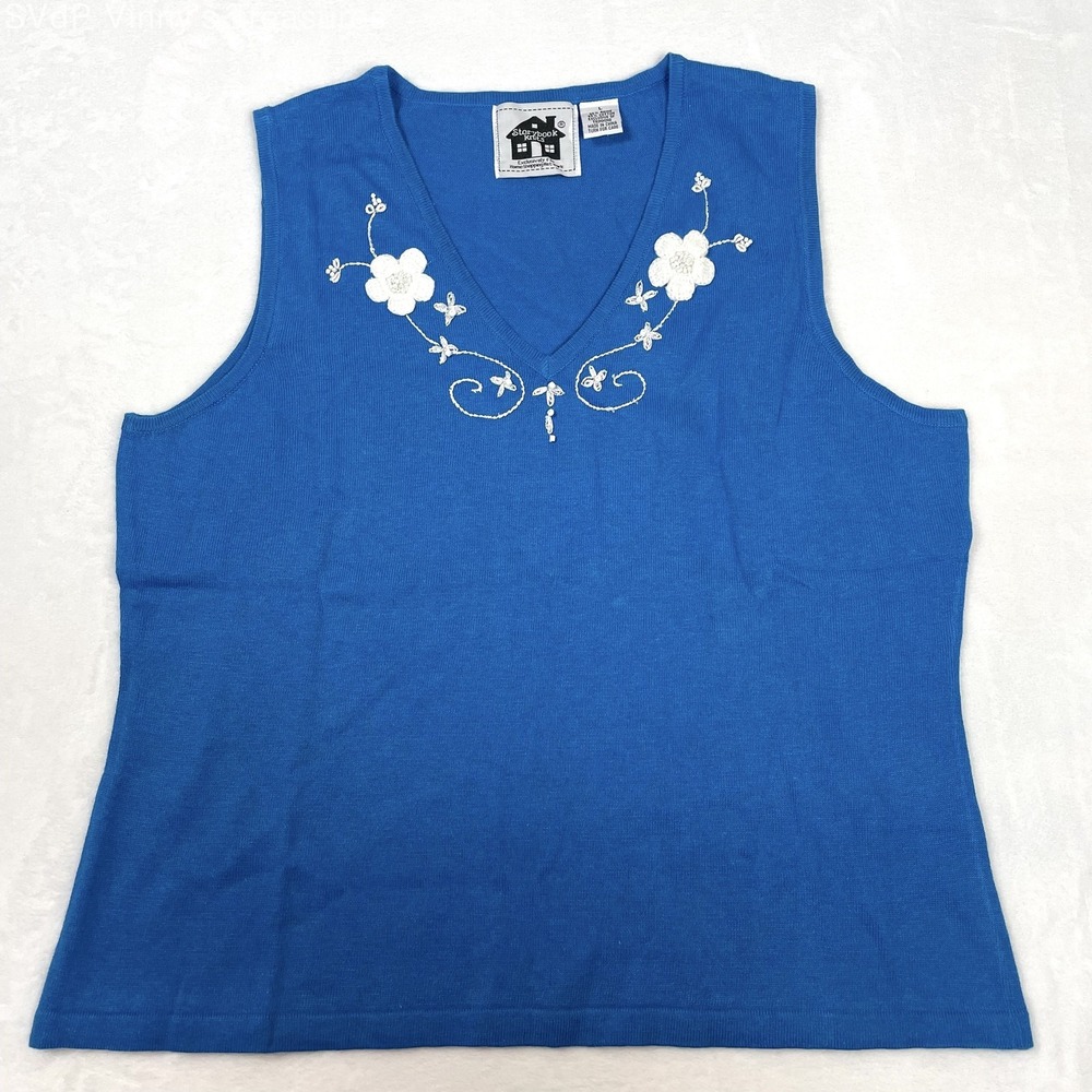 VTG Storybook Knits Teal Blue Embroidered Floral Tank Top L Cottagecore